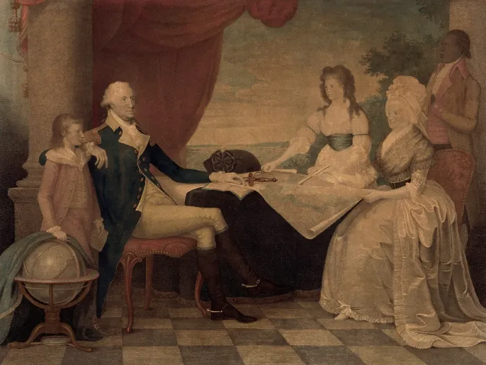 Framed Print : The George Washington family. Washington, his wife Martha with their two of their four grandchildren, George Washington Park Custis (1780-1857) and Eleanor Custis (1756-1773)