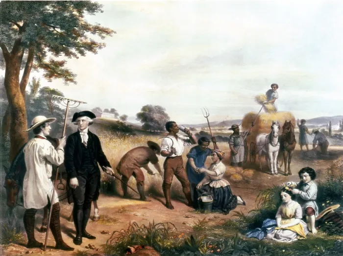 Framed Print : George Washington as a farmer, standing among enslaved African-American field workers harvesting grain, with Mt. Vernon in background Framed Print : George Washington as a farmer, standing among enslaved African-American field workers harvesting grain, with Mt. Vernon in background