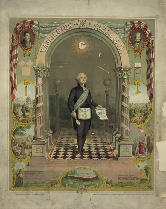 Framed Print : George Washington in Masonic attire, holding scroll and trowel, c. 1866