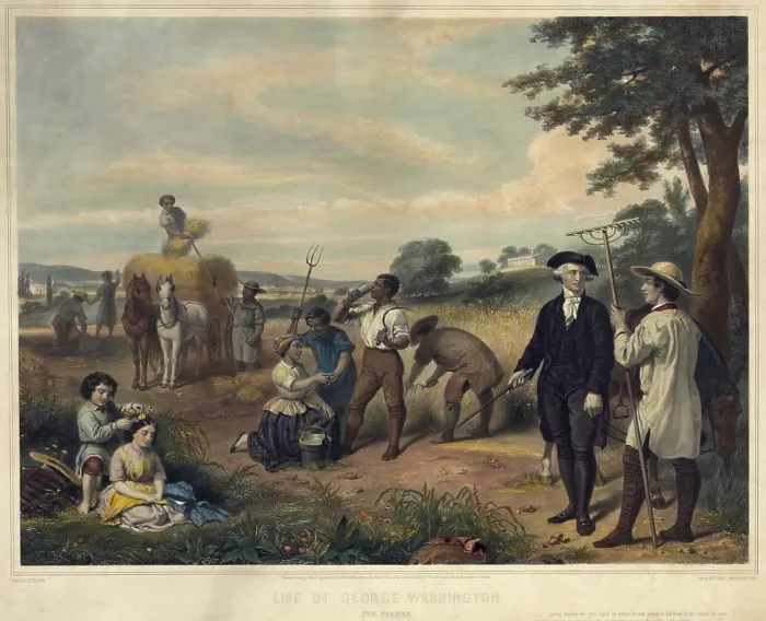 Framed Print : George Washington as a plantation owner. Washington standing among African-American slaves harvesting grain at Mt. Vernon in background. Lithograph by Junius Stearns 1853