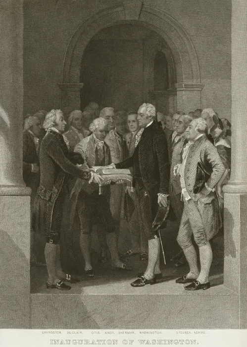 Framed Print : George Washington taking the Oath of President of the United States on March 4, 1789. The Oath was administered by Robert Livingston, Chancellor of the Highest Court in New York Framed Print : George Washington taking the Oath of President of the United States on March 4, 1789. The Oath was administered by Robert Livingston, Chancellor of the Highest Court in New York