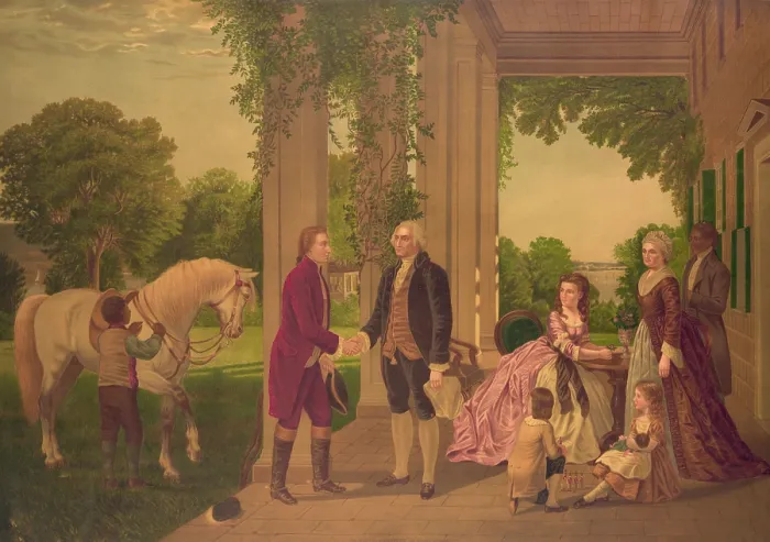 Framed Print : George Washington welcoming Marquis de Lafayette to his home at Mount Vernon. Martha Washington, family members and an enslaved servant are on the right (BSLOC_2016_14_6)