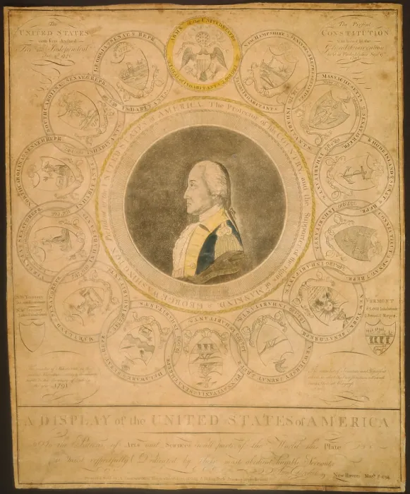 Framed Print : George Washington's portrait encircled by the arms of the original thirteen states in a American engraving by self-taught artist Amos Doolittle