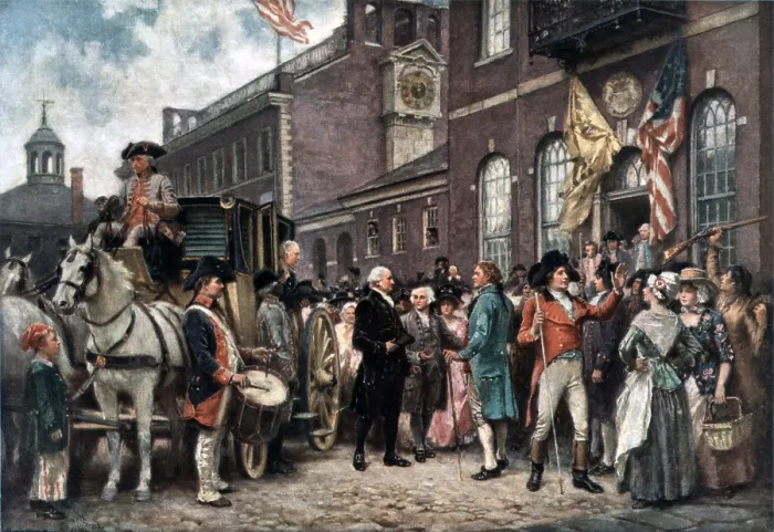 Framed Print : George Washington's Second Inauguration. George Washington arriving at Congress Hall in Philadelphia March 4 1793. arriving at Congress Hall in Philadelphia March 4 1793