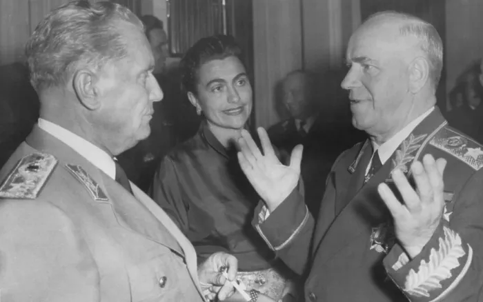 Framed Print : Georgy Zhukov, Soviet Defense Minister talks with Yugoslav President, Marshall Tito. Ljubljana, Yugoslavia, Oct. 15, 1957. At center is Jovanka Broz Tito. (CSU_2015_11_1355)