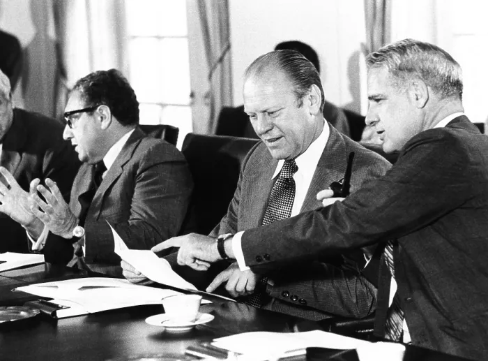 Framed Print : Gerald Ford at a Cabinet meeting during his first month as President. L-R: Henry Kissinger, Secy. of State; Pres. Ford; James Schlesinger, Defense Secy. Aug. 26, 1974 Framed Print : Gerald Ford at a Cabinet meeting during his first month as President. L-R: Henry Kissinger, Secy. of State; Pres. Ford; James Schlesinger, Defense Secy. Aug. 26, 1974