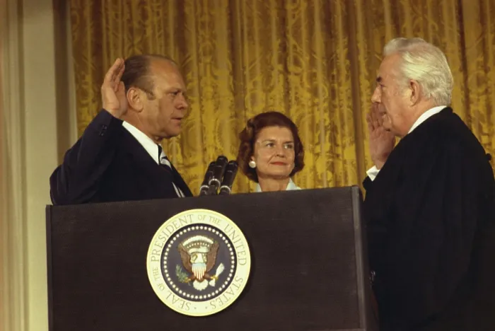 Framed Print : Gerald R. Ford is sworn in as the 38th President of the United States after the resignation of Richard Nixon on August 9, 1974 Framed Print : Gerald R. Ford is sworn in as the 38th President of the United States after the resignation of Richard Nixon on August 9, 1974