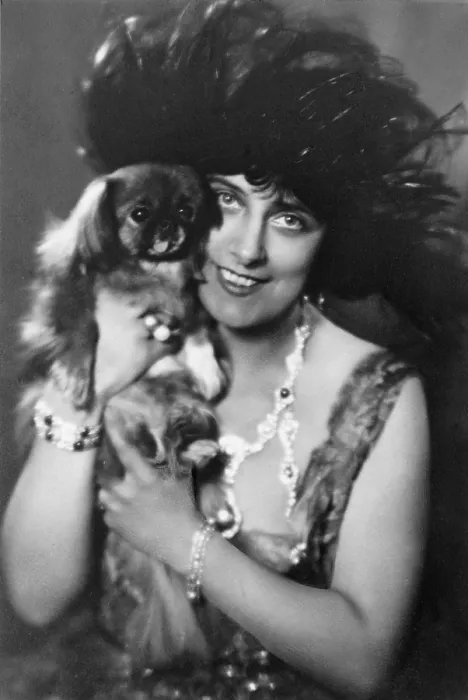 Framed Print : Geraldine Farrar (1882-1967), American opera star in 1922, with elaborate hat, jewelry and a pet dog