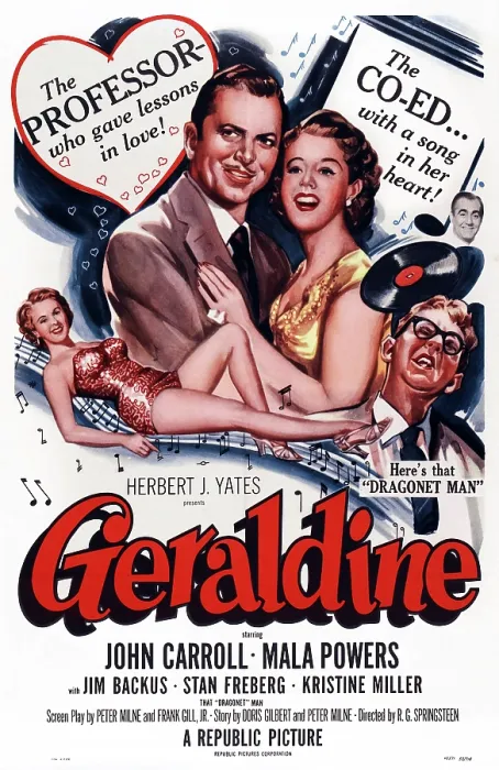 Framed Print : GERALDINE, top l-r: John Carroll, Mala Powers, Jim Backus, bottom l-r: Mala POwers, Stan Freberg on poster art, 1953 Framed Print : GERALDINE, top l-r: John Carroll, Mala Powers, Jim Backus, bottom l-r: Mala POwers, Stan Freberg on poster art, 1953