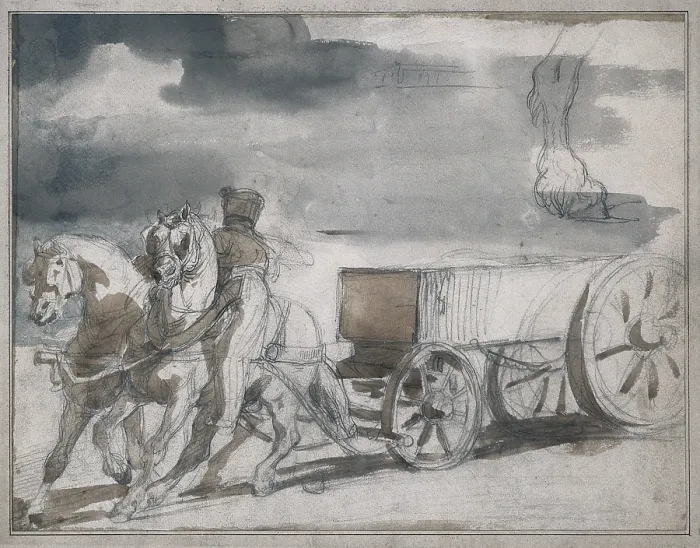 Framed Print : GeRICAULT, Theodore (1791-1824). Munition Cart Drawn by Two Horses. 1818 - 1819. Graphite, paintbrush and watered ink on paper. Romanticism