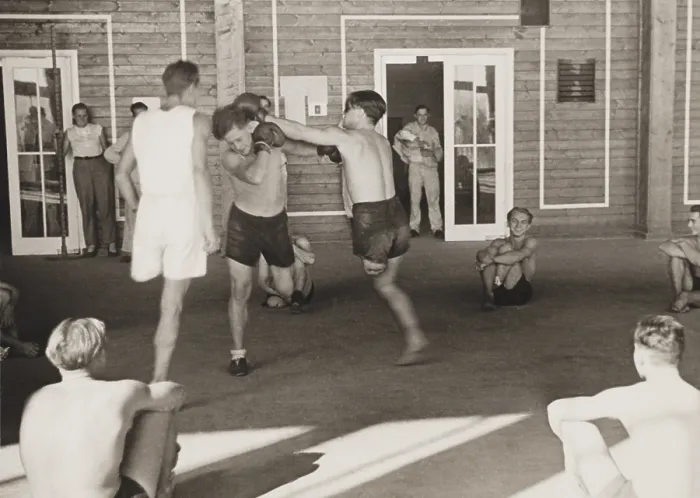 Framed Print : German amputees boxing at military hospital. The young World War 2 veterans were in rehabilitation near Vlasim, Czech Republic. 1943. (BSLOC_2014_8_221)