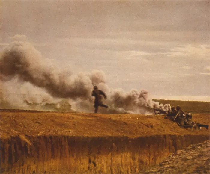 Framed Print : Three German anti-tank gun soldiers on hill, with smoke from flaming vehicle (tank?) in background. Ca. 1939-45. World War 2 in Russia. (BSLOC_2013_14_20)
