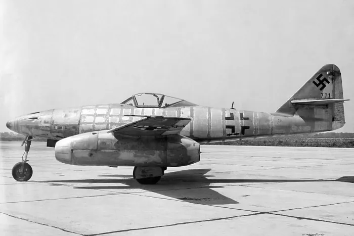 Framed Print : German Messerschmitt 262 jet-propelled plane in possession of the U.S. Air Force after World War 2. Side view. 1945. (BSLOC_2015_13_73)