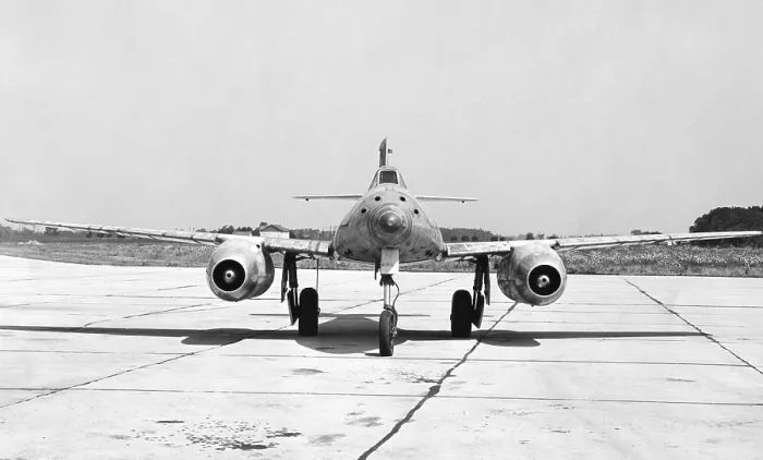 Framed Print : German Messerschmitt 262 jet-propelled plane in possession of the U.S. Air Force after World War 2. Frontal view. 1945 (BSLOC_2015_13_74)