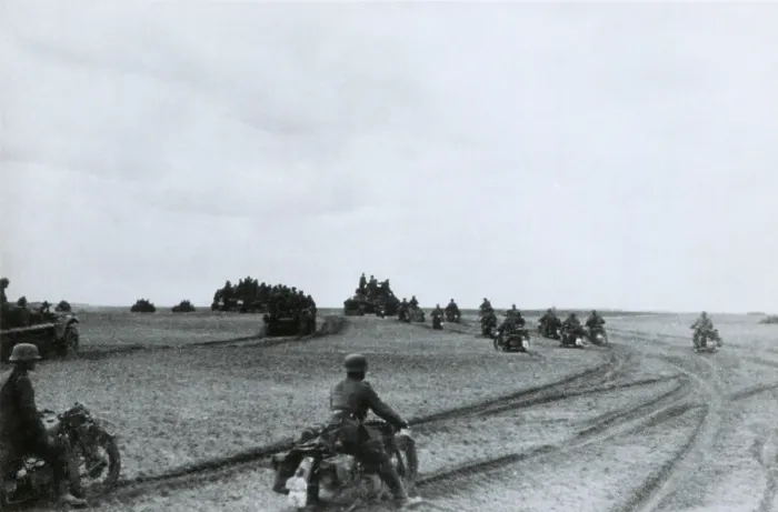 Framed Print : German motorcycle invasion troops in the Summer of 1941. Nazi photo caption identifies this as the Battle of Glosoff, Soviet Union (Russia), during World War 2. (BSLOC_2014_8_4)