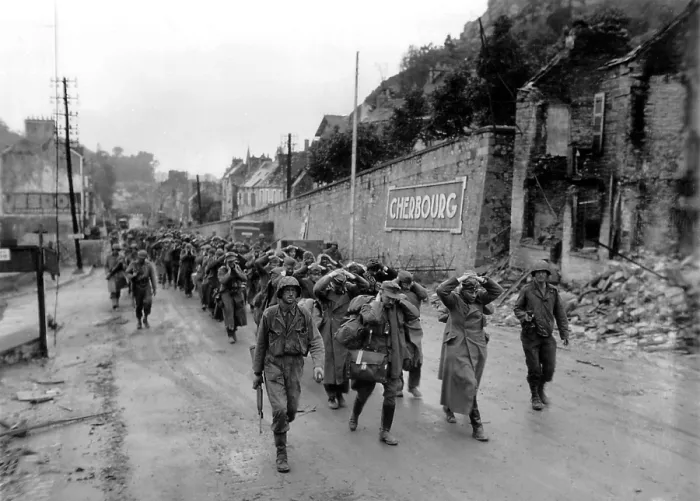 Framed Print : German prisoners taken in fighting Cherbourg, France on June 22-25, 1944. Many other German troops without ammunition were holed up in an underground quarry