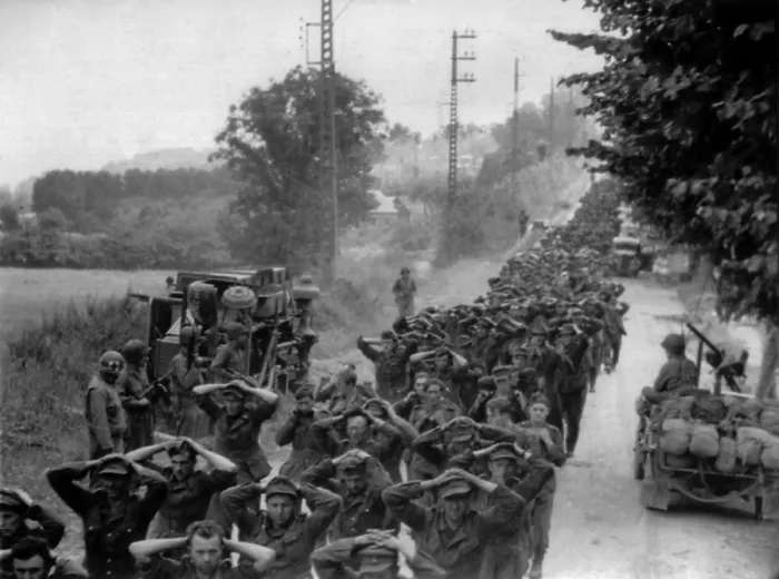 Framed Print : German prisoners with U.S. guards on a Norman road during the Battle of the Falaise Pocket. 10, 000 Germans were killed, 50, 000 were taken prisoner