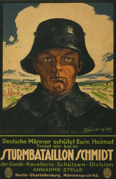 Framed Print : German recruiting poster showing a soldier against a background landscape. The text encourages German men to protect the country and enlist in Storm Battalion Schmidt. 1919 Framed Print : German recruiting poster showing a soldier against a background landscape. The text encourages German men to protect the country and enlist in Storm Battalion Schmidt. 1919