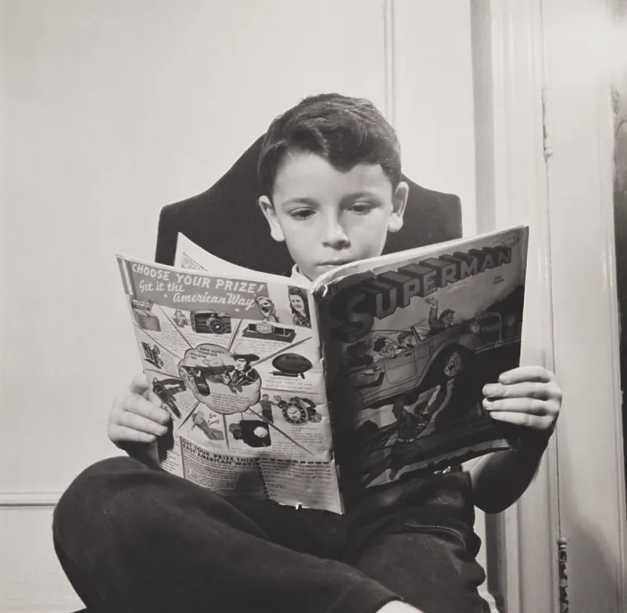 Framed Print : German refugee boy reading a Superman comic at the N.Y. Children's Colony school in 1942. (BSLOC_2014_13_164) Framed Print : German refugee boy reading a Superman comic at the N.Y. Children's Colony school in 1942. (BSLOC_2014_13_164)