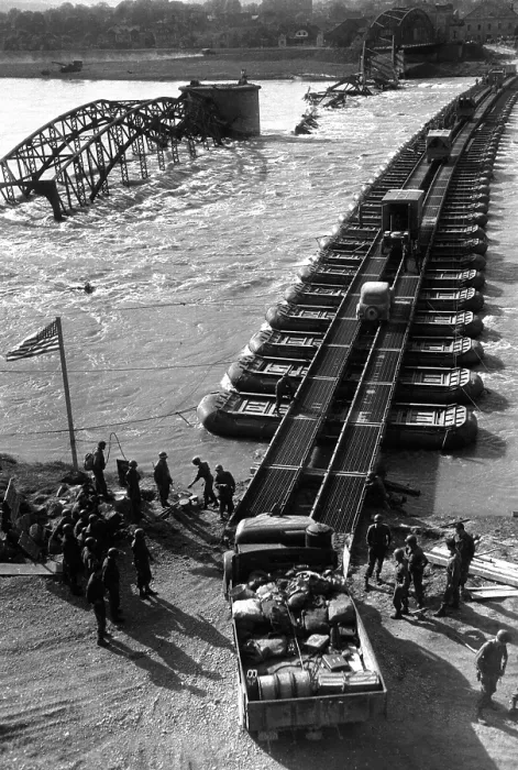 Framed Print : German soldiers cross a pontoon bridge from Branau, Austria to Simbach, Germany Framed Print : German soldiers cross a pontoon bridge from Branau, Austria to Simbach, Germany