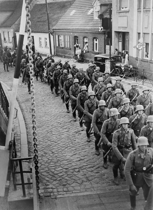 Framed Print : German soldiers marching through the town of Storkow, Germany. Ca. 1943. World War 2. (BSLOC_2014_8_97)