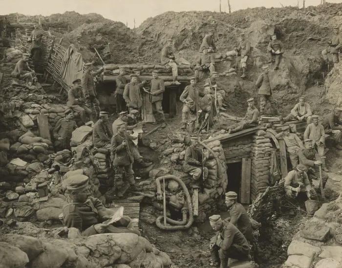 Framed Print : German soldiers relaxing in an extensive, multi-level trench with showing reinforced walls and several underground shelters Framed Print : German soldiers relaxing in an extensive, multi-level trench with showing reinforced walls and several underground shelters