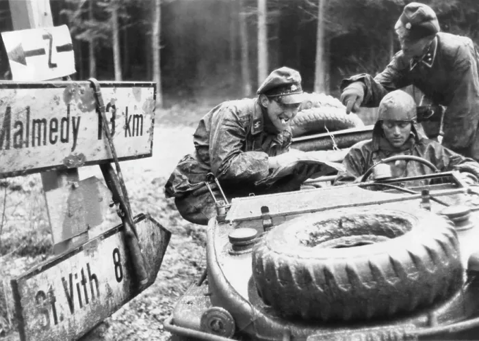 Framed Print : German SS troops with the 1st Panzer division check a highway sign at an Ardennes crossroad Framed Print : German SS troops with the 1st Panzer division check a highway sign at an Ardennes crossroad