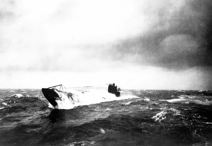 Framed Print : German Submarine in rough seas. World War I. Ca. 1914-18