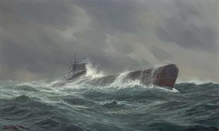 Framed Print : German World War 2 submarine at sea. 1943 painting by German marine artist Adolf Bock. (BSLOC_2013_11_105)