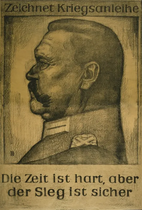 Framed Print : German World War I poster with a portrait profile of Field Marshall Paul von Hindenburg. The text reads: Subscribe to the War Loan. Times are difficult but victory is certain Framed Print : German World War I poster with a portrait profile of Field Marshall Paul von Hindenburg. The text reads: Subscribe to the War Loan. Times are difficult but victory is certain