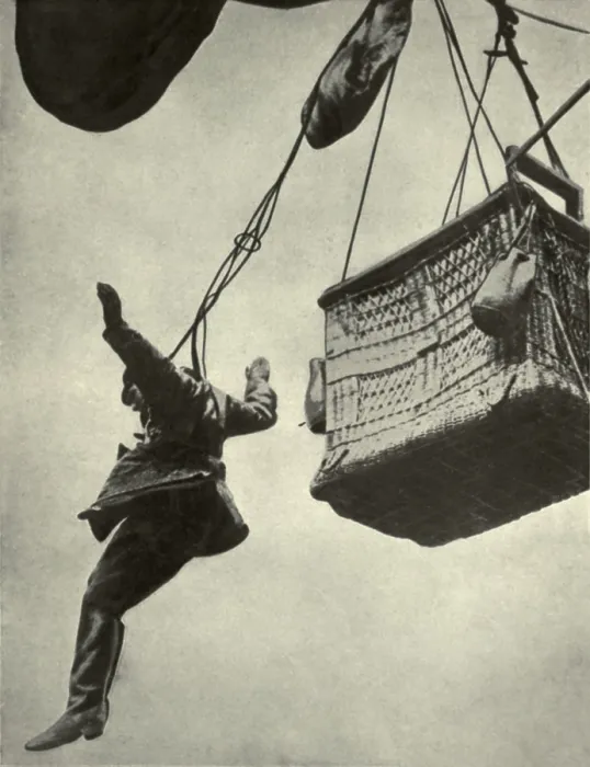 Framed Print : German WW1 observer jumping from burning balloon harnessed to a parachute. 1916-18. The parachute was attached to the basket's side so as to detach