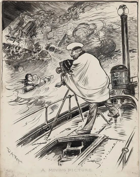 Framed Print : German WW1 submarine commander filming sinking ship and drowning victims, 1915. Original ink drawing for a cartoon against German submarine warfare