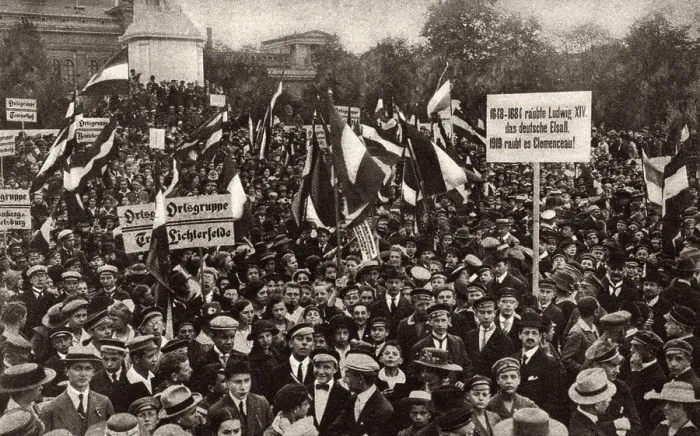 Framed Print : Germans in Berlin protest against the terms of the Treaty of Versailles. 1919. Placard at right reads, In 1848-1684 Louis XIV stole German-Alsace from us