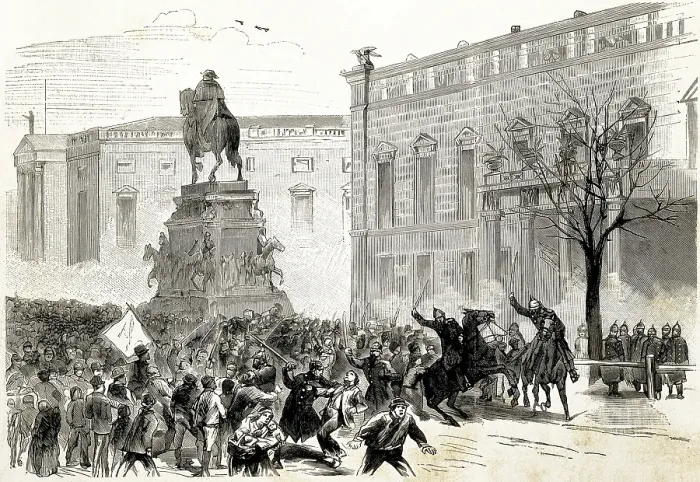 Framed Print : Germany (1892). Second Reich. Socialist demonstration at the Opera Square, Berlin (February 1892). Riot broken up by the police. Engraving Framed Print : Germany (1892). Second Reich. Socialist demonstration at the Opera Square, Berlin (February 1892). Riot broken up by the police. Engraving