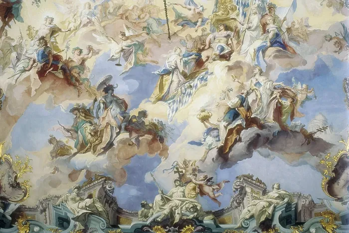 Framed Print : GERMANY. Brhl. Augustusburg Palace. Decoration of the ceiling of the Guard Hall in the firts floor, work by Carlo Innocenzo Carlone. Rococo art. Fresco