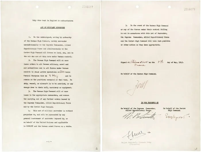 Framed Print : Germany surrender document signed by Gen. Alfred Jodl, Chief of Staff of the German Army. It was signed at Allied Headquarters at Reims, May 7, 1945. World War 2