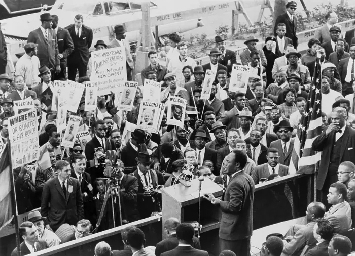 Framed Print : Ghana's President, Kwame Nkrumah, speaks in front of the Hotel Theresa, in Harlem