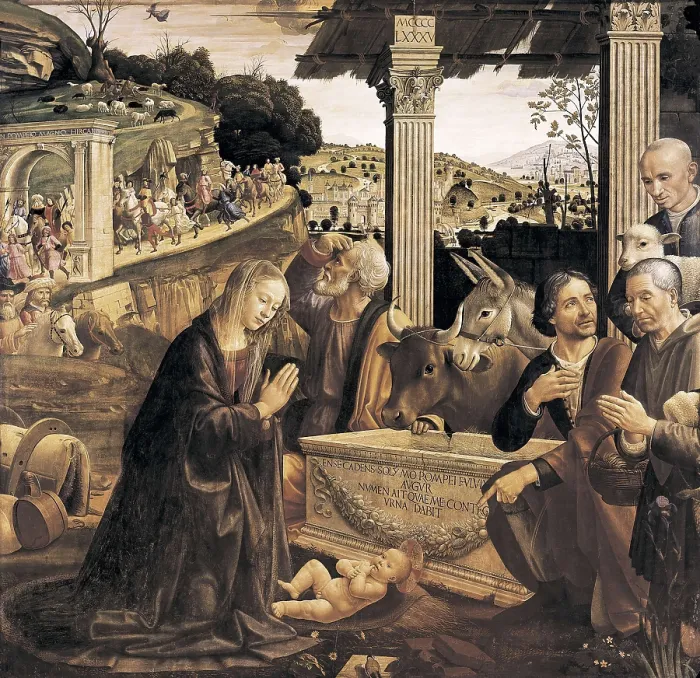 Framed Print : GHIRLANDAIO, Domenico di Tommaso Bigordi, called (1449-1494). Adoration of the Shepherds. 1482-1485. ITALY. Florence. Chiesa di Santa Trinita (Church of Santa Trinita) Framed Print : GHIRLANDAIO, Domenico di Tommaso Bigordi, called (1449-1494). Adoration of the Shepherds. 1482-1485. ITALY. Florence. Chiesa di Santa Trinita (Church of Santa Trinita)