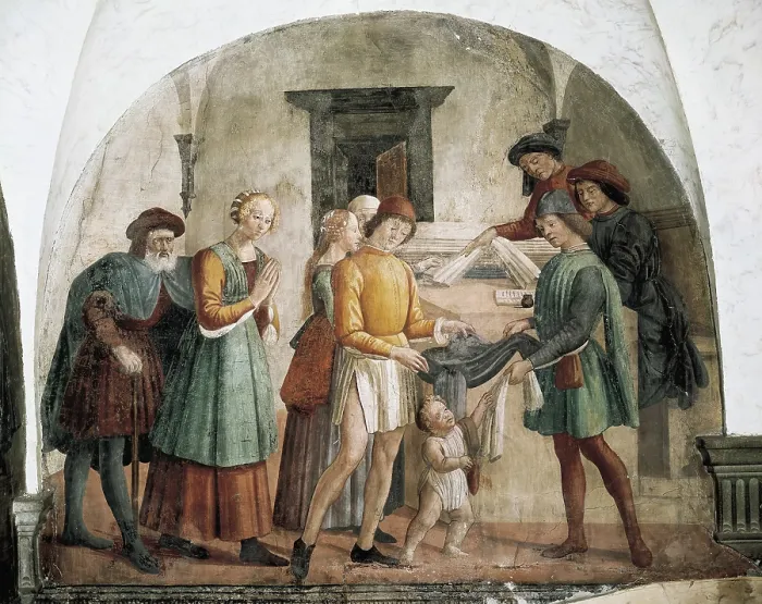 Framed Print : GHIRLANDAIOschool of (second half 15th century). Dressing Nakedly. 1449 - 1494. ITALY. Florence. Church of San Martino. Renaissance art. Quattrocento. Fresco