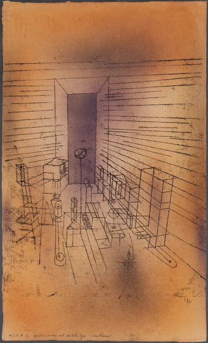 Framed Print : GHOST CHAMBER WITH THE TALL DOOR (NEW VERSION), by Paul Klee, 1925, Swiss watercolor painting. Line drawing creates the illusion of a room, furniture, and a door