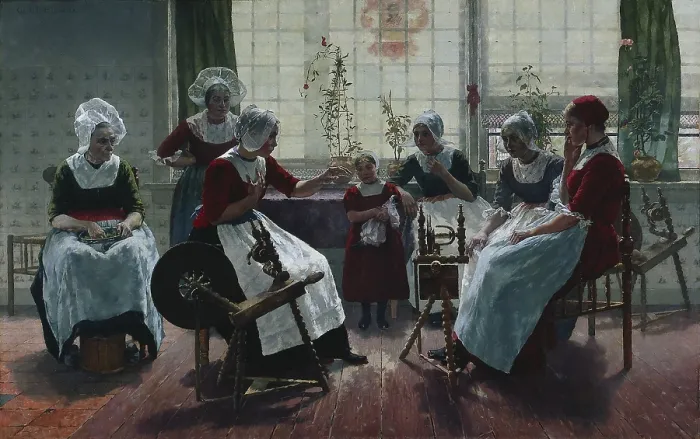 Framed Print : The Ghost Story, 1887, by Walter McEwen, 1860-1943, depicts a storyteller in a prosperous peasants dwelling, where the women spin and prepare food