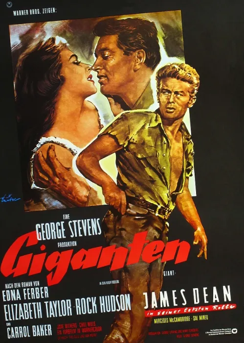 Framed Print : GIANT, (aka GIGANTEN), rear l-r: Elizabeth Taylor, Rock Hudson, foreground right: James Dean on German poster art, 1956