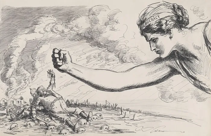 Framed Print : Giant Gibson Girl as the symbol of Democracy, punching German soldier resembling Hindenburg. Behind him is a cowering figure of Kaiser William II