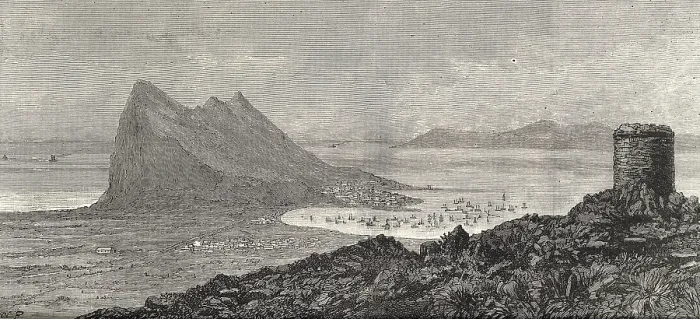 Framed Print : Gibraltar. The Rock of Gibraltarfrom the coast (1891). Image from 'Queen of Spain's Chair'. Etching. AISA / Everett Collection (16335)**US SALES ONLY**