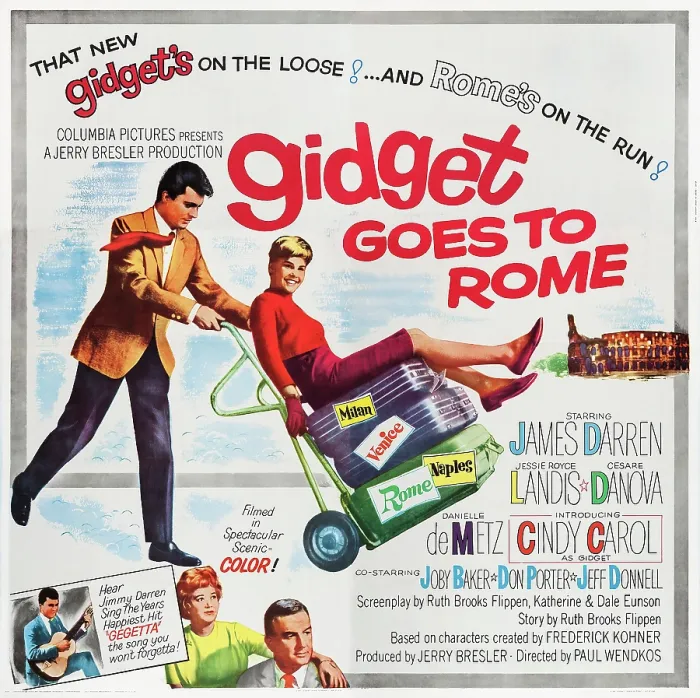 Framed Print : GIDGET GOES TO ROME, top l-r: James Darren, Cindy Carol, bottom l-r: James Darren, Jeff Donnell, Don Porter on poster art, 1963