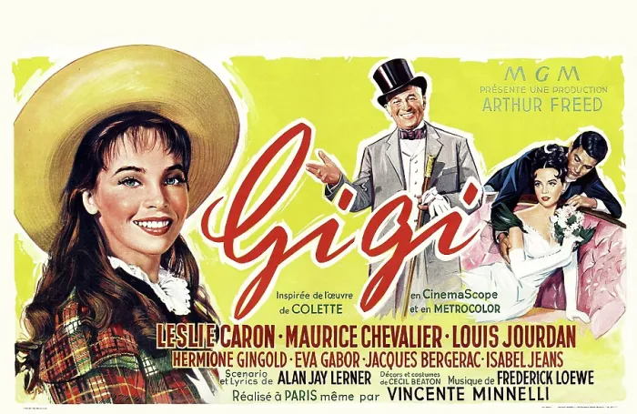 Framed Print : GIGI, from left: Leslie Caron, Maurice Chevalier, Louis Jourdan, Leslie Caron (seated), 1958