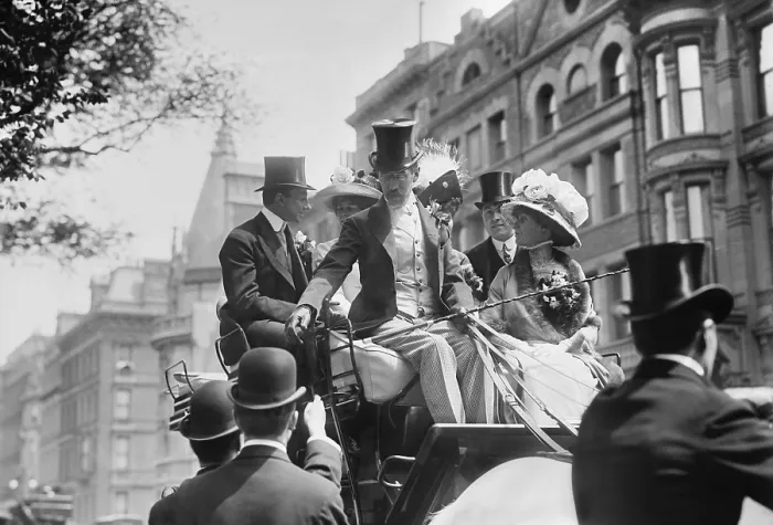 Framed Print : A Gilded Age coaching party in New York City, c. 1910. The Henry E. Coe family is dressed up in formal wear, jewelry, elaborate hats, and flowers Framed Print : A Gilded Age coaching party in New York City, c. 1910. The Henry E. Coe family is dressed up in formal wear, jewelry, elaborate hats, and flowers