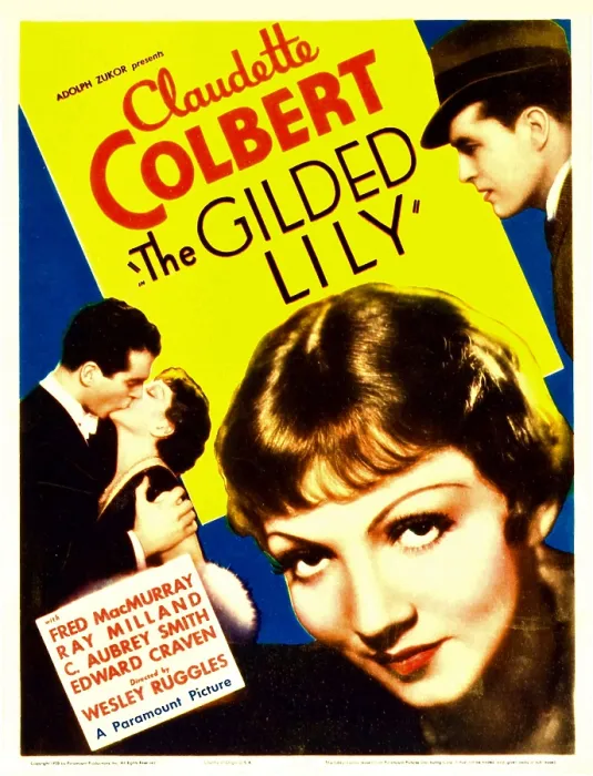 Framed Print : THE GILDED LILY, from left: Fred MacMurray, Claudette Colbert, far right: Ray Milland on midget window card, 1935