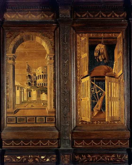 Framed Print : Giocondo da Verona Giovanni Fra, Inlaid of Monteoliveto Abbey choir, 16th Century, wooden tarsias, Italy, Tuscany, Chiusure, Siena, Monte Oliveto Maggiore Abbey