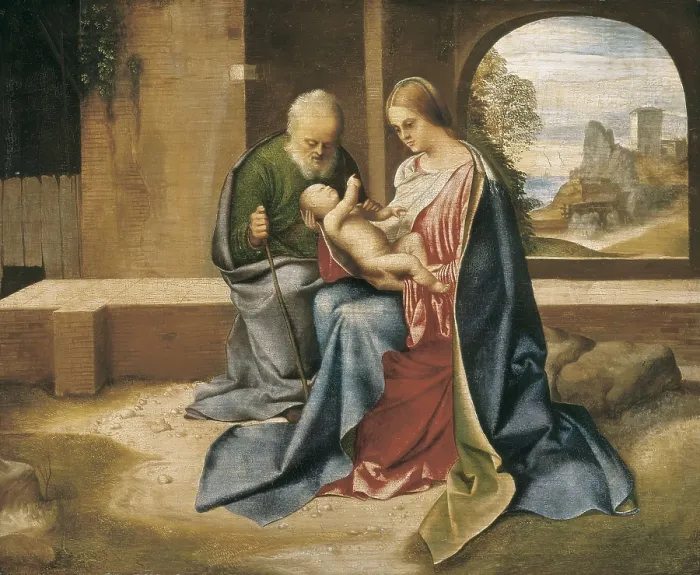 Framed Print : GIORGIONE, Giorgio da Castelfranco, called (1477-1510). The Holy Family. ca. 1500. Renaissance art. Cinquecento. Venetian school. Oil on wood. UNITED STATES OF AMERICA